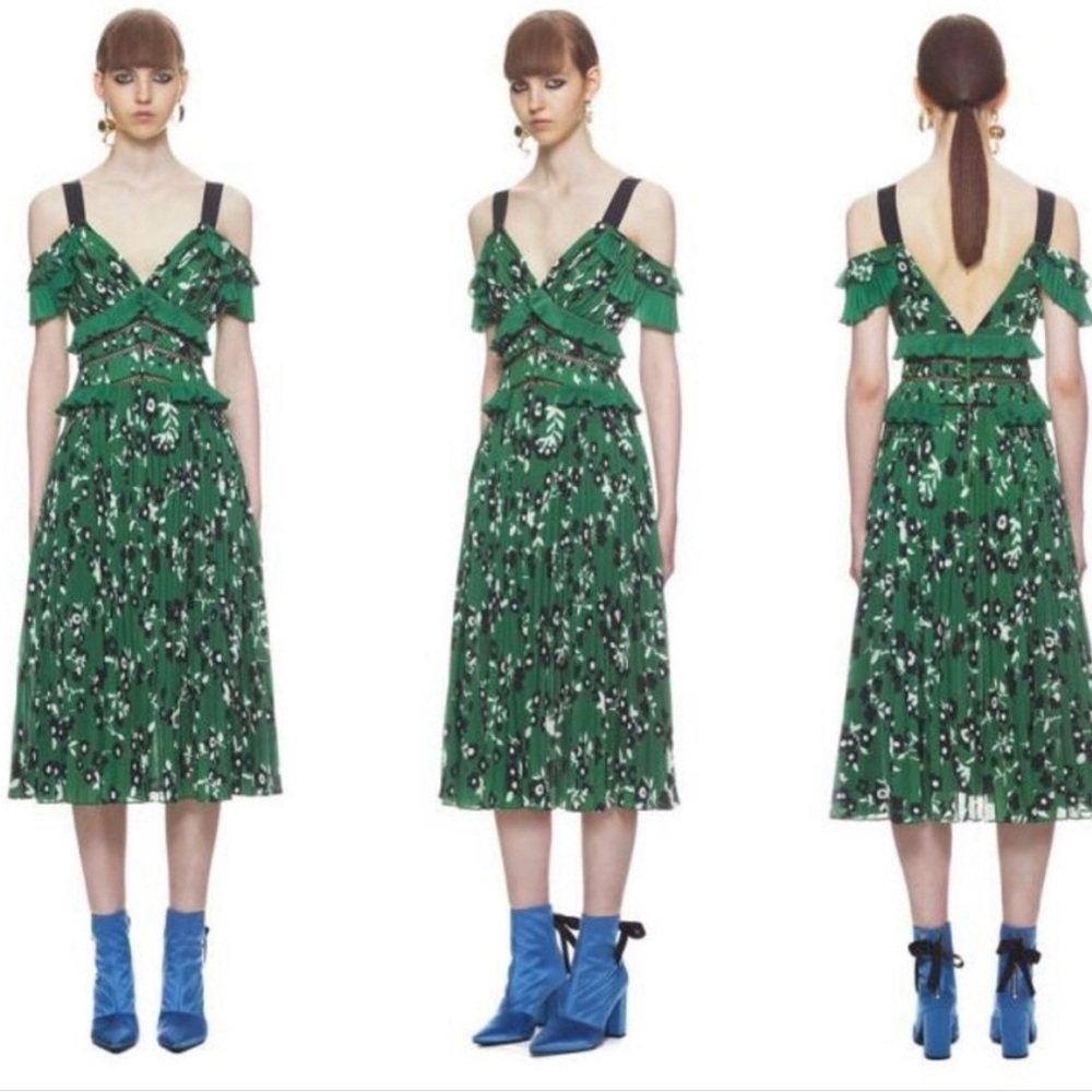 Self-Portrait Cold Shoulder Green Floral Women's Dress as seen on Meghan Markle